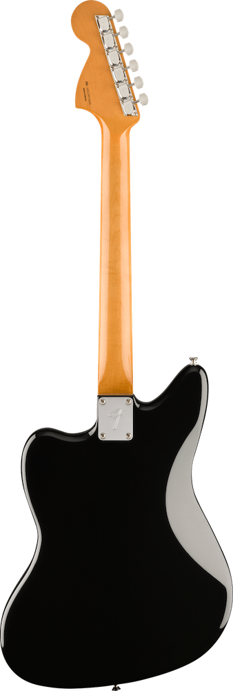 Black electric guitar with a blonde neck on a white background