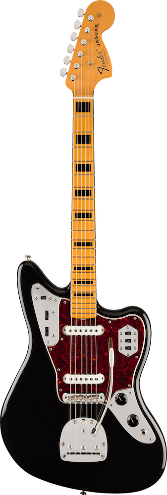 Fender electric guitar with a black body and red pickguard on a white background
