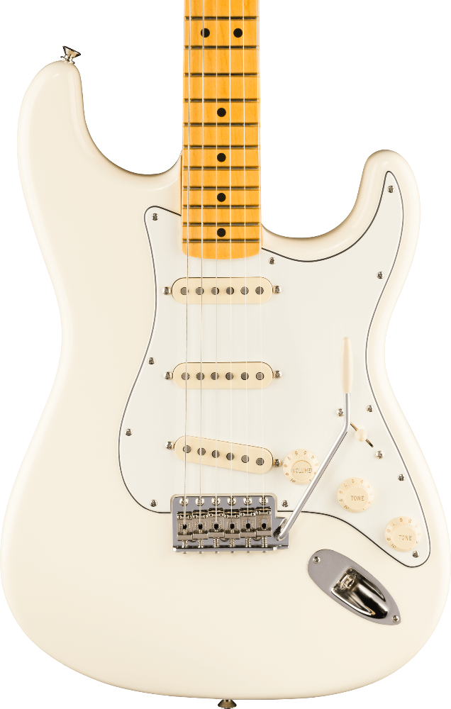 White electric guitar with a maple neck on a brown background