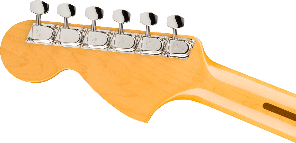 Close-up of a guitar neck with tuning pegs on a solid background