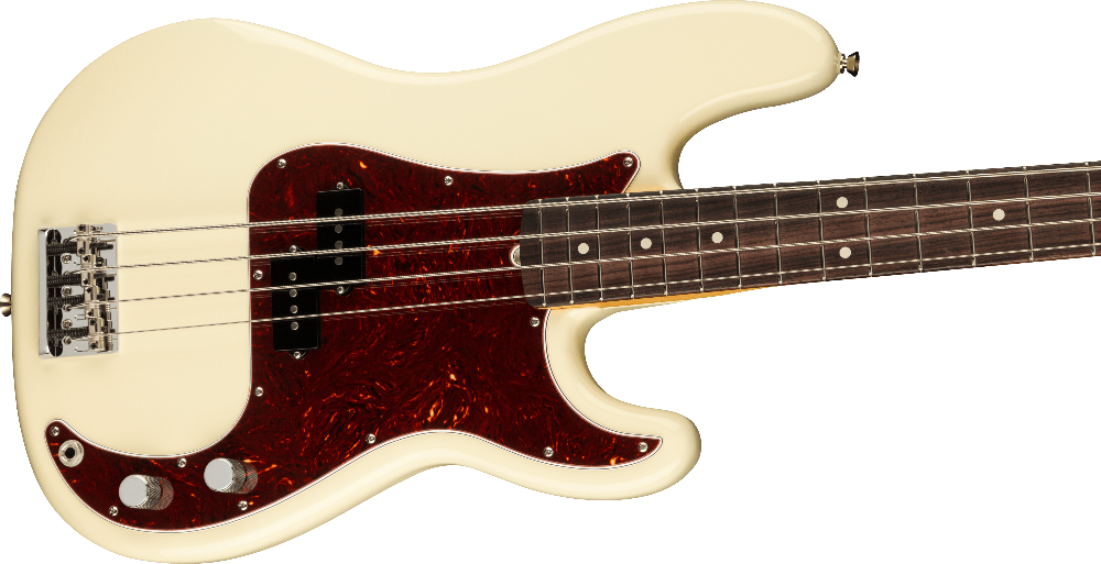 White electric bass guitar with a dark red pickguard on a gray background