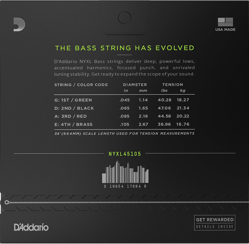 D'Addario bass string set packaging with specifications and branding.