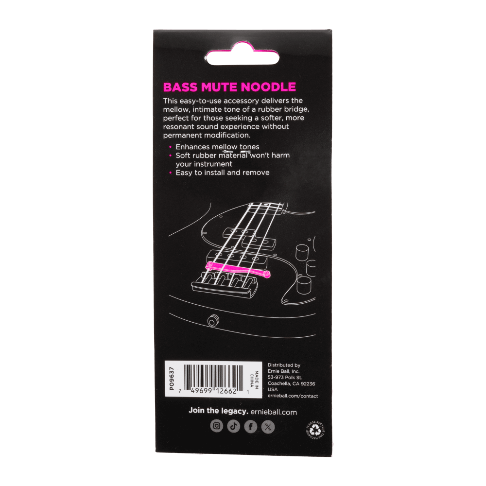 Black packaging of a bass mute noodle with pink accents on a white background