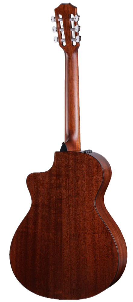Acoustic guitar with a wooden body and neck on a white background