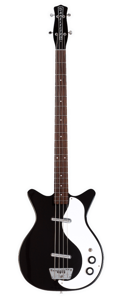 Black electric bass guitar on a white background