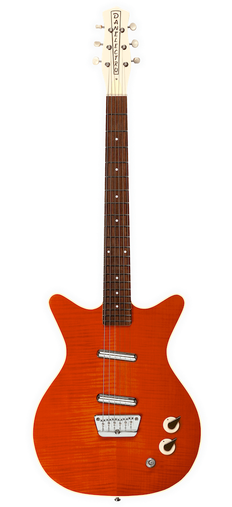 Orange electric guitar with a white pickguard on a white background