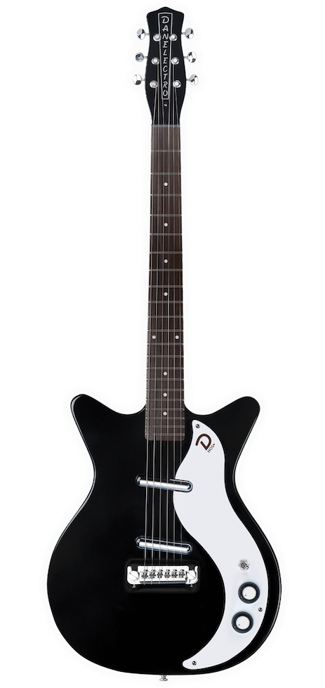 Black electric guitar with white pickguard on a white background