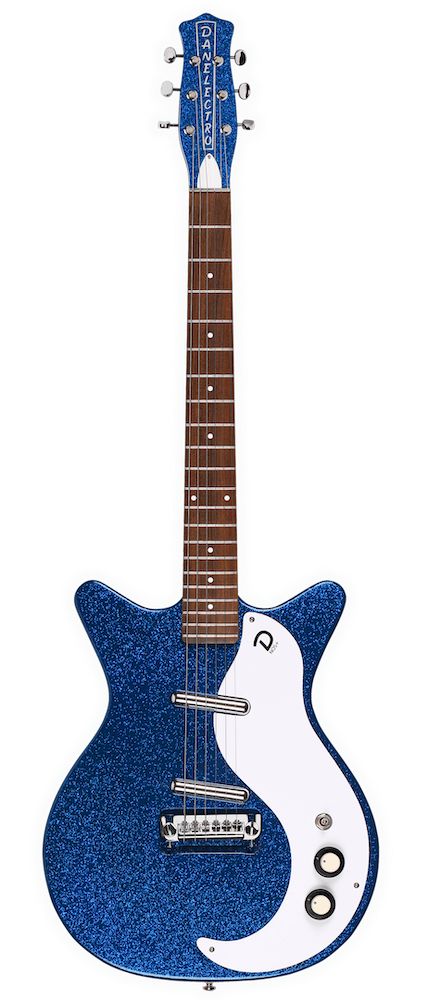 Blue electric guitar with a white pickguard on a white background