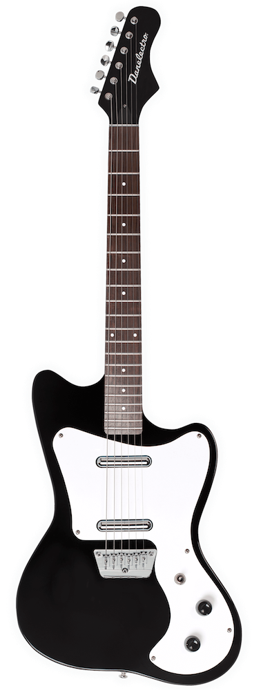 Black electric guitar with a white pickguard on a white background