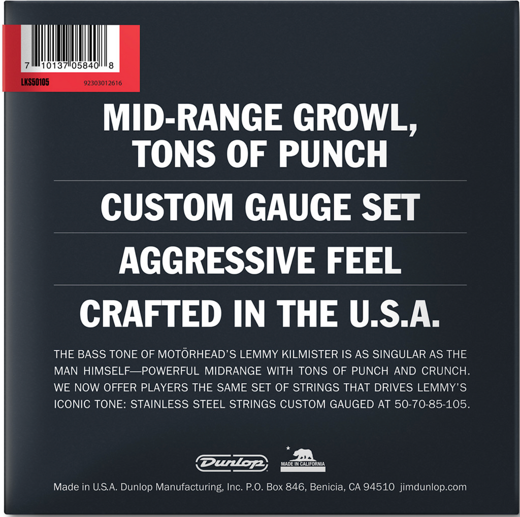 Product packaging with text about a custom gauge set and Dunlop branding.