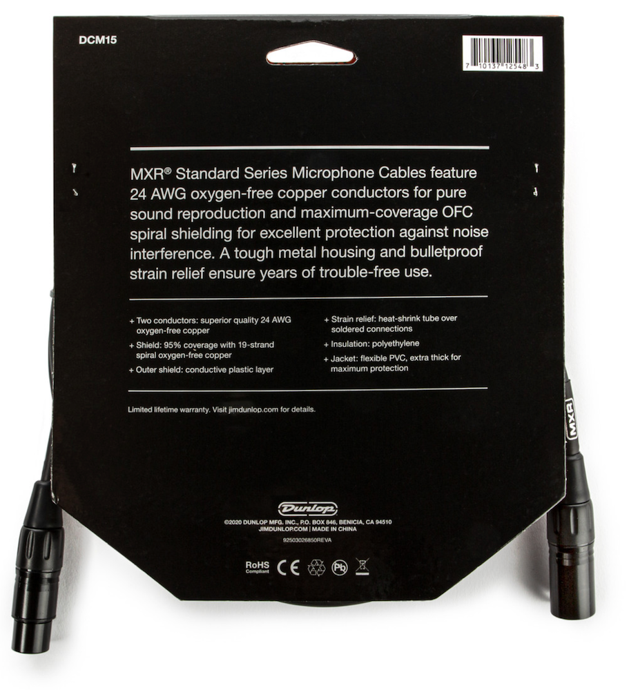 Dunlop MXR Standard Series Microphone Cables packaging with text on a black background