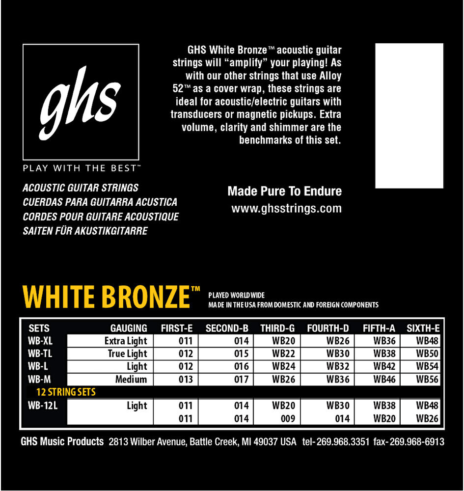 GHS White Bronze acoustic guitar strings packaging with product details and branding.