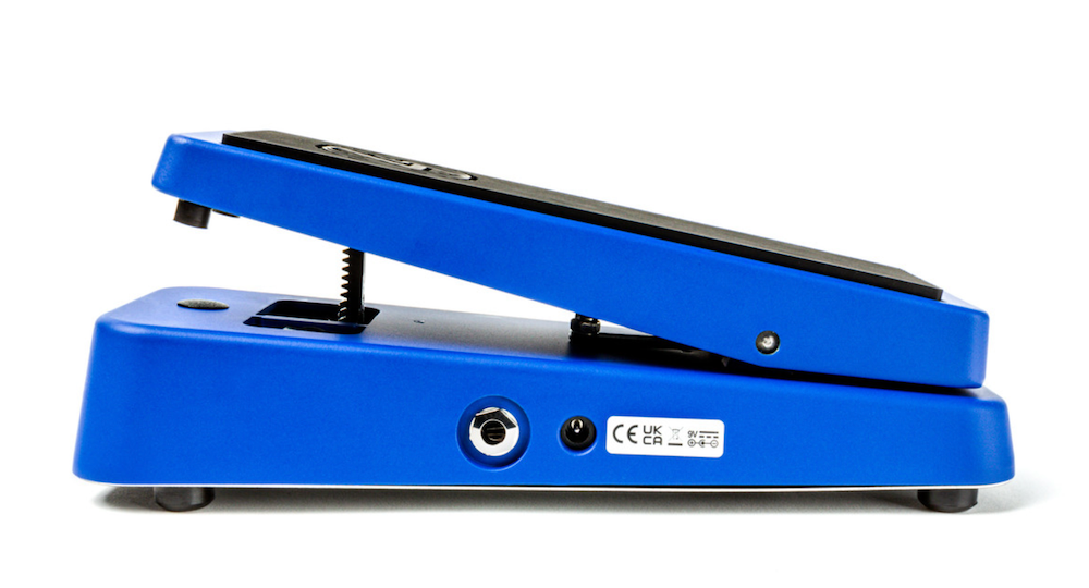 Blue guitar pedal with a white background