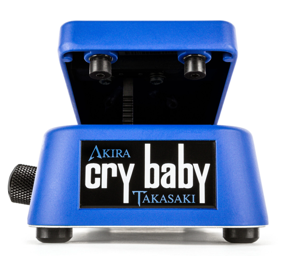 Blue guitar effects pedal with 'Akira Cry Baby Takasaki' branding on a white background