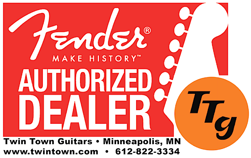 Fender authorized dealer sign with Twin Town Guitars logo on a red background