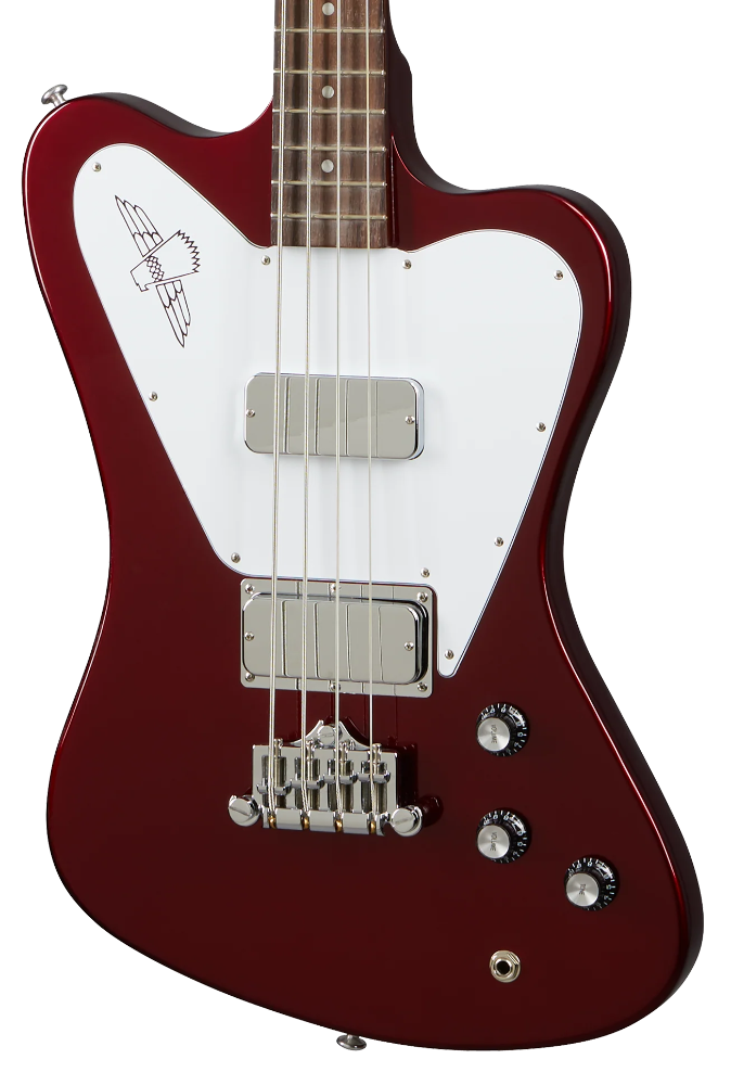 Red electric guitar with a white pickguard on a white background