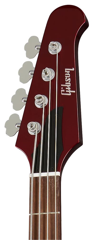 Close-up of a guitar headstock with brand name on a white background