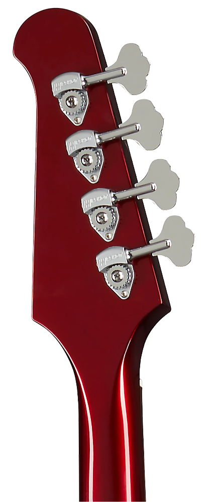 Close-up of a red guitar headstock with tuning pegs on a white background