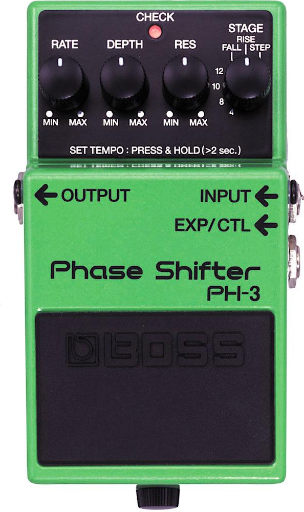A green BOSS PH-3 Phase Shifter pedal for guitars, with controls for Rate, Depth, and Res, and an expression pedal input.