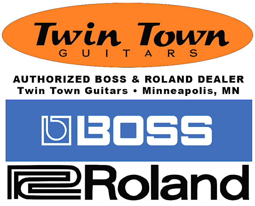 Logo of Twin Town Guitars with authorized dealer text for Boss and Roland, located in Minneapolis, MN.