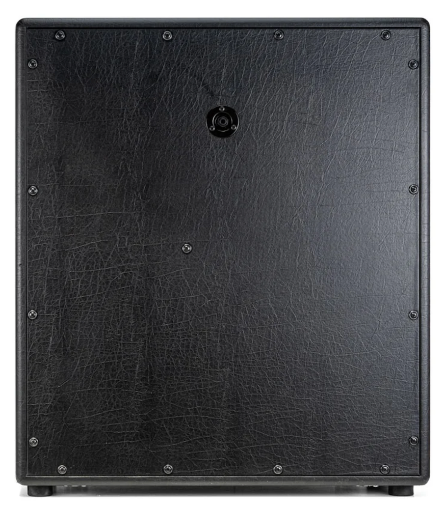 Black speaker cabinet with a textured surface on a white background