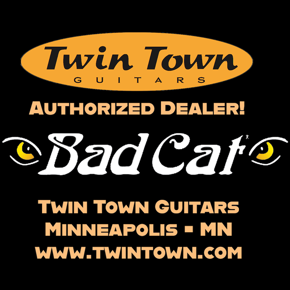 Advertisement for Twin Town Guitars as an authorized dealer of Bad Cat Amplifiers on a black background.
