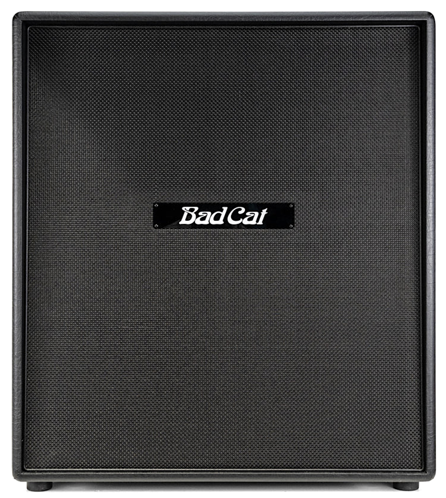 Black guitar amplifier cabinet with 'Bad Cat' branding on a white background