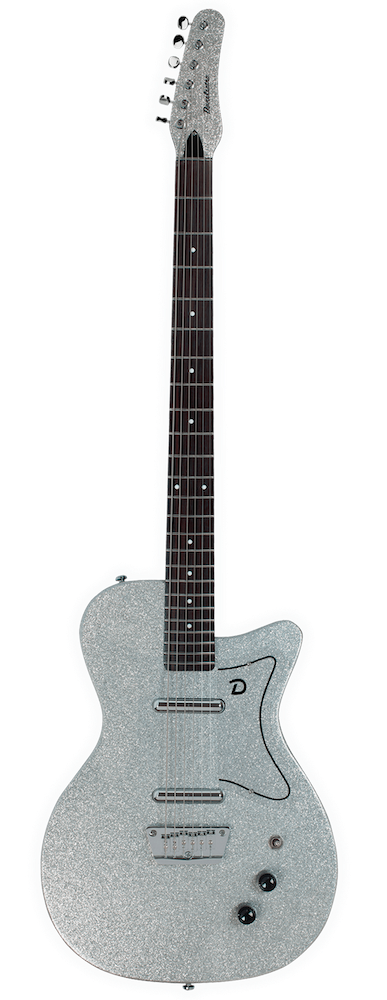 Silver electric guitar on a white background