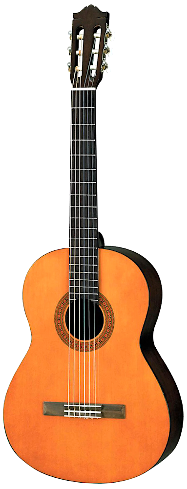 Classical guitar with a wooden body and black neck on a white background
