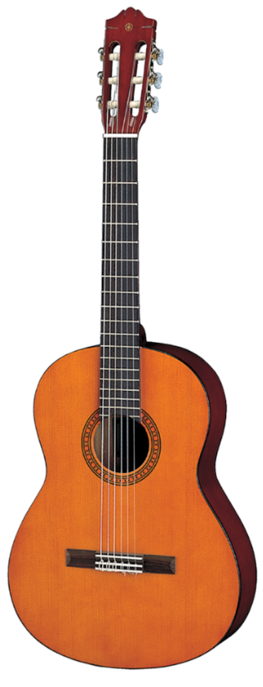 Classical guitar with a wooden body and dark brown edges on a white background