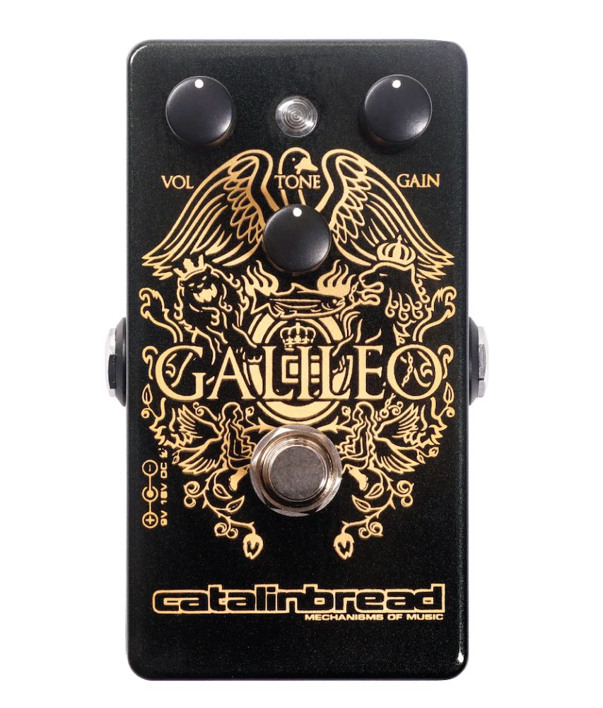 Guitar effects pedal with 'Catalinbread' branding and gold emblem on a black background, Catalinbread Effects Galileo 2.0 Boost Overdrive Effects Pedal at Twin Town Guitars in Minneapolis Minnesota
