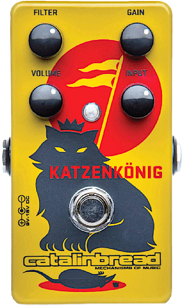 Catalinbread Effects Katzenkönig Distortion Fuzz Effects Pedal, featuring a yellow and black color scheme with a graphic of a cat and the text 'KATZENKÖNIG' on the front panel, along with knobs for level, gain, volume, and input/output,  at Twin Town Guitars in Minneapolis Minnesota