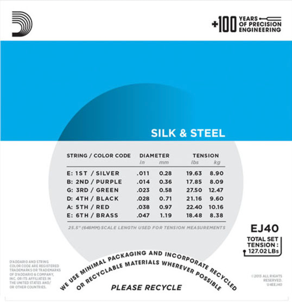 Silk & Steel string set information card with specifications and branding details.