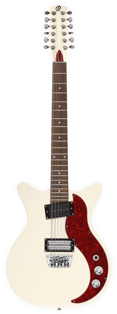 Electric guitar with a white body and red pickguard on a white background