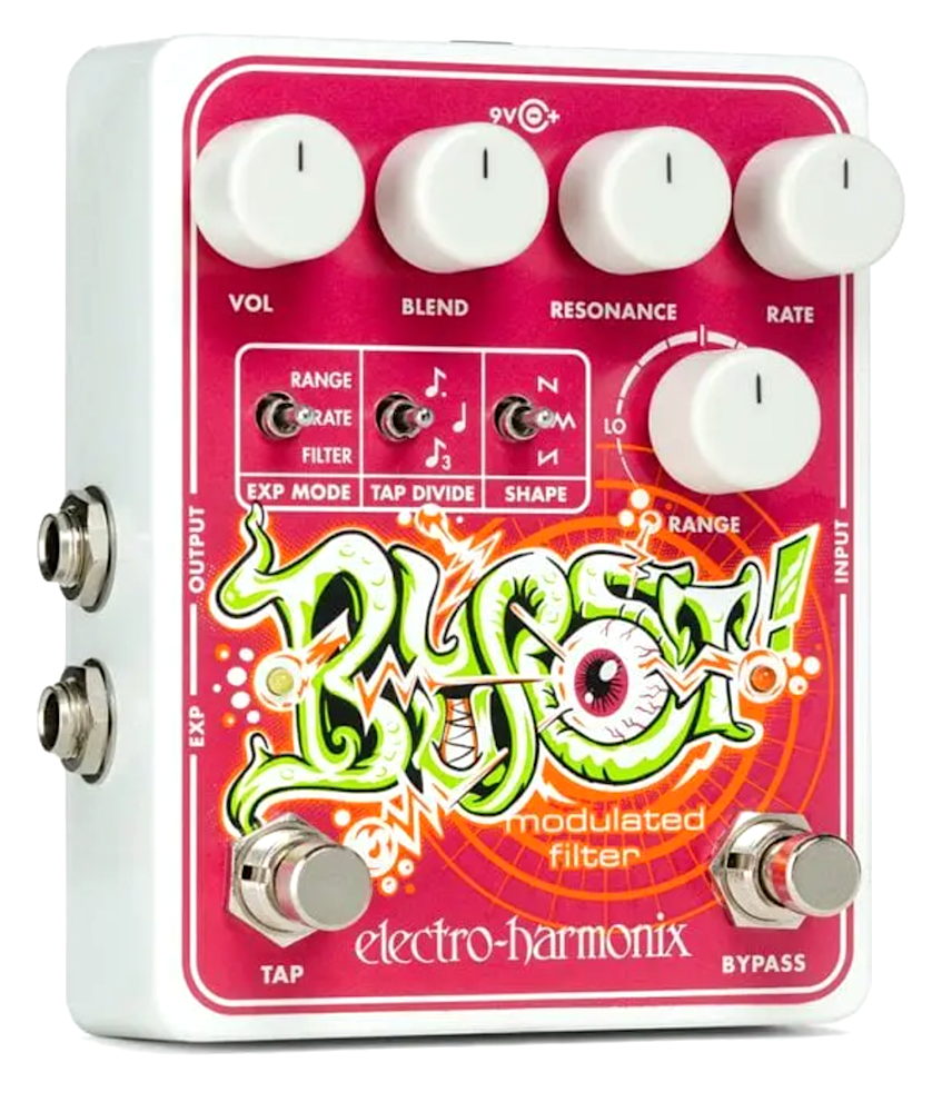 Guitar effects pedal with colorful design and brand name on a white background