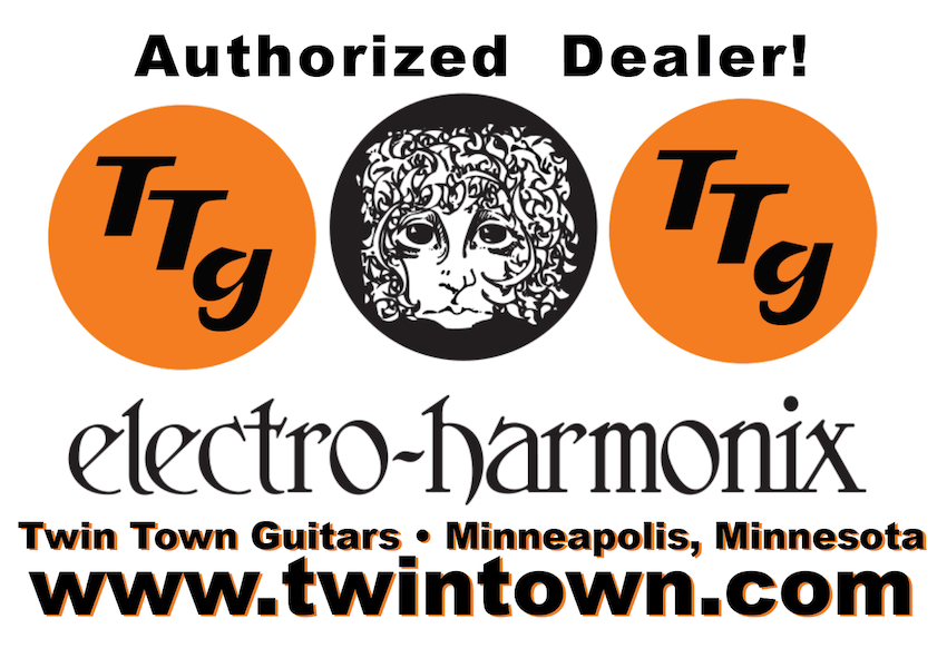 Advertisement for Twin Town Guitars as an authorized dealer of Electro-Harmonix, featuring the brand logos and contact information.