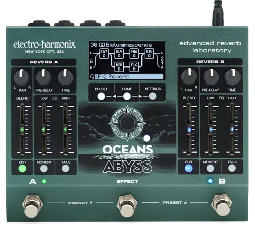 Electro-Harmonix Oceans Abyss guitar effects pedal on a white background