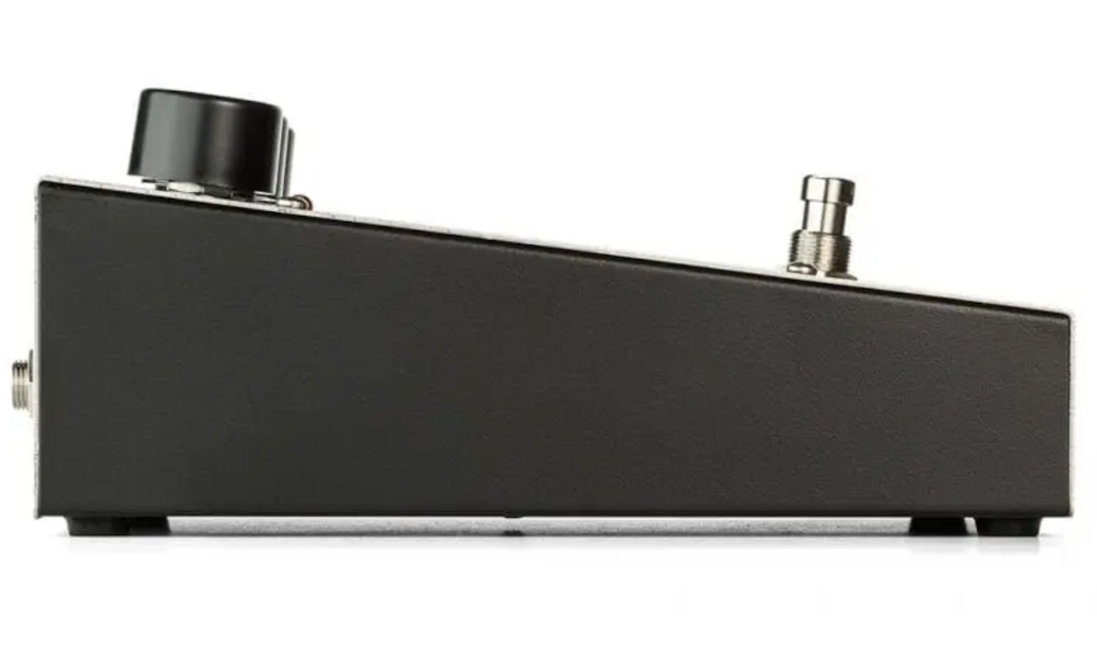 Black guitar effects pedal on a white background