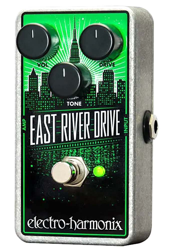 Electro-Harmonix East River Drive guitar effects pedal with a cityscape design on the front.