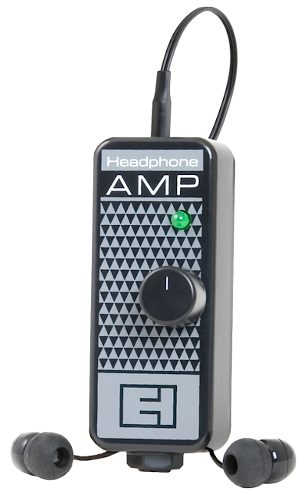 Headphone amplifier with control knob and earbuds on a white background