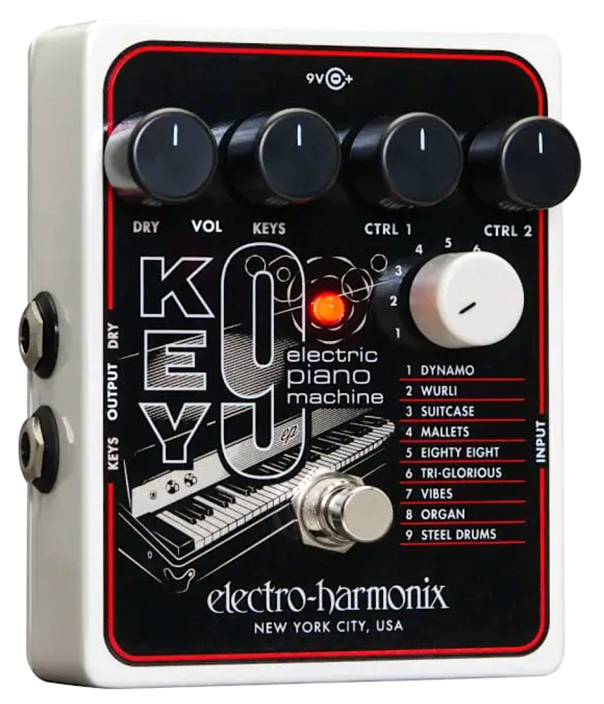 Electro-Harmonix Key Q electric piano machine pedal with control knobs and branding.