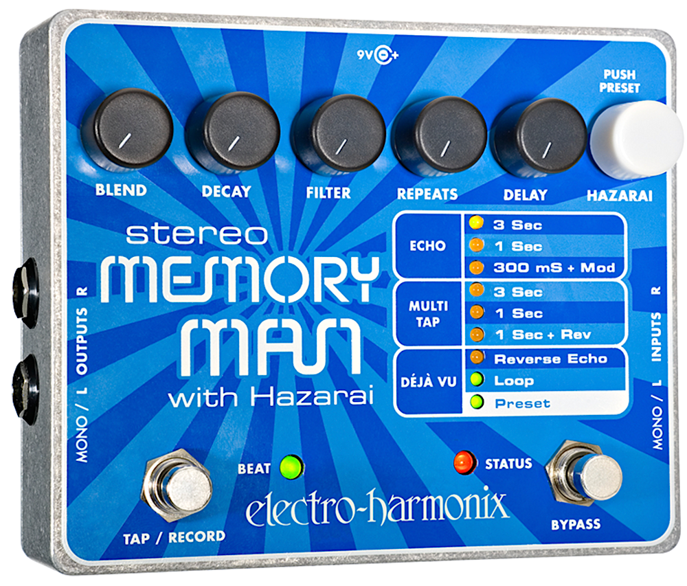 Electro-Harmonix Stereo Memory Man with Hazarai guitar effects pedal on a blue background