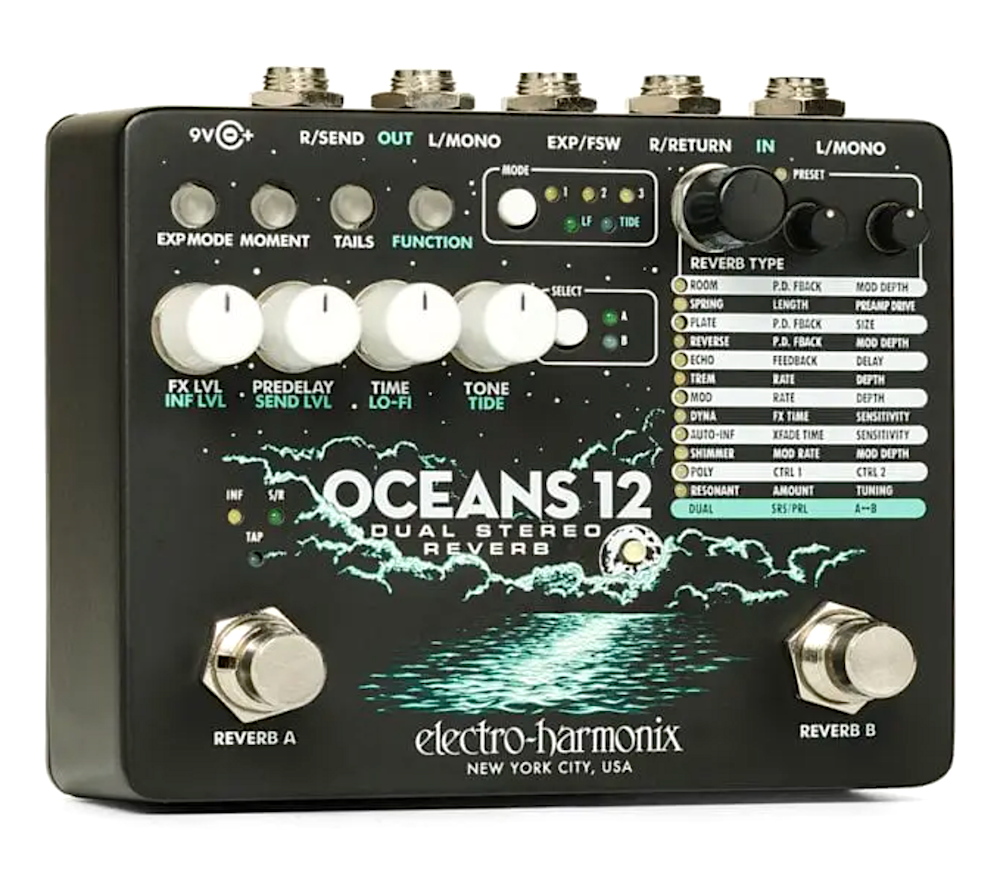 Electro-Harmonix Oceans 12 dual stereo reverb pedal on a white background