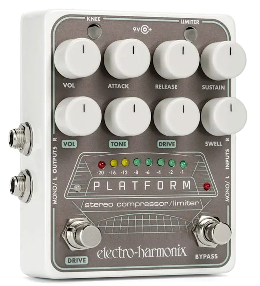 Electro-Harmonix Platform stereo compressor/limiter pedal with white knobs on a gray background