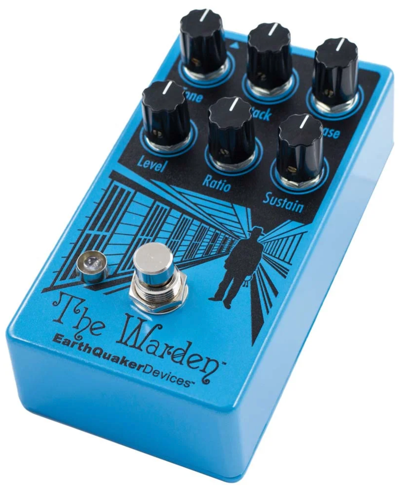 Blue and black, discontinued EarthQuaker Devices The Warden V2 Optical Compressor Effects Pedal at Twin Town Guitars in Minneapolis Minnesota