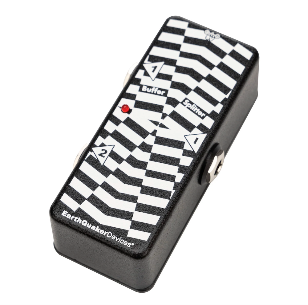 Black and white patterned guitar effects pedal with EarthQuaker Devices branding on a white background, Earthquaker Devices Buffer/Splitter Utility Pedal at Twin Town Guitars in Minneapolis Minnesota