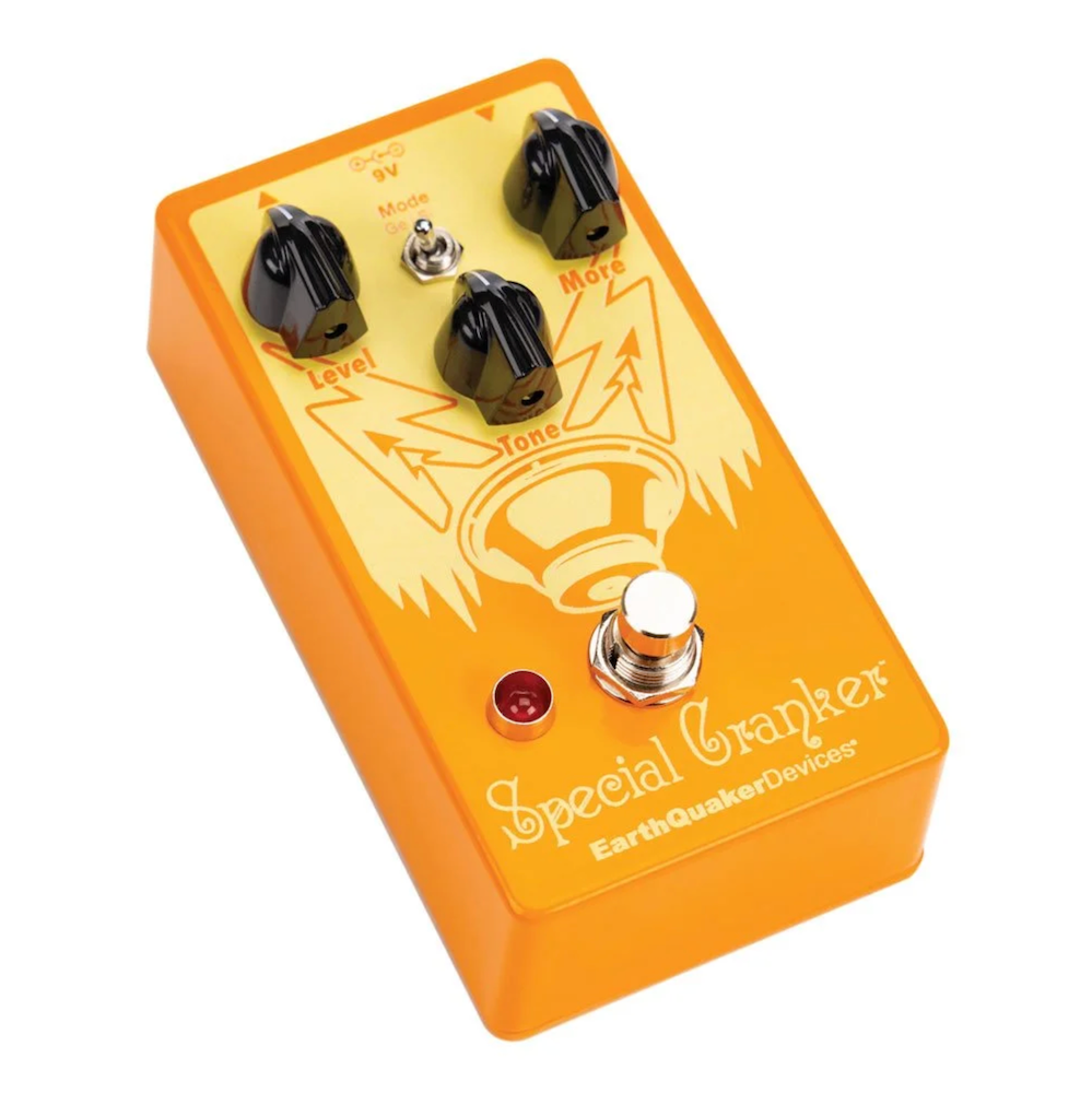 Orange guitar effects pedal with 'Special Cranker' branding on a white background, Earthquaker Devices Special Cranker Ge/Si Gritty Booster at Twin Town Guitars in Minneapolis Minnesota