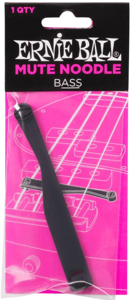 Ernie Ball mute noodle for bass on pink packaging with guitar illustration