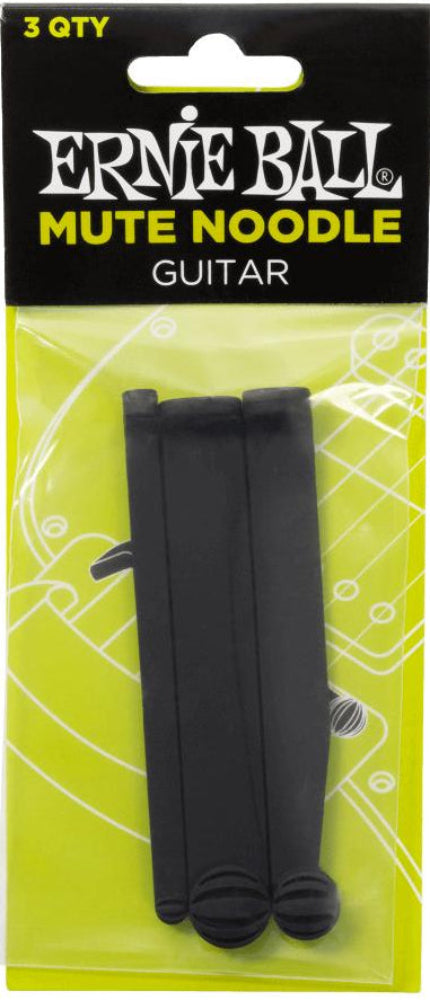 Ernie Ball Mute Noodle guitar packaging with two black mute noodles on a yellow background.
