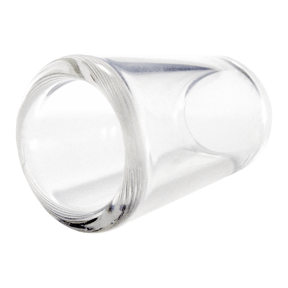 A clear glass guitar slide with rounded edges and a smooth surface.